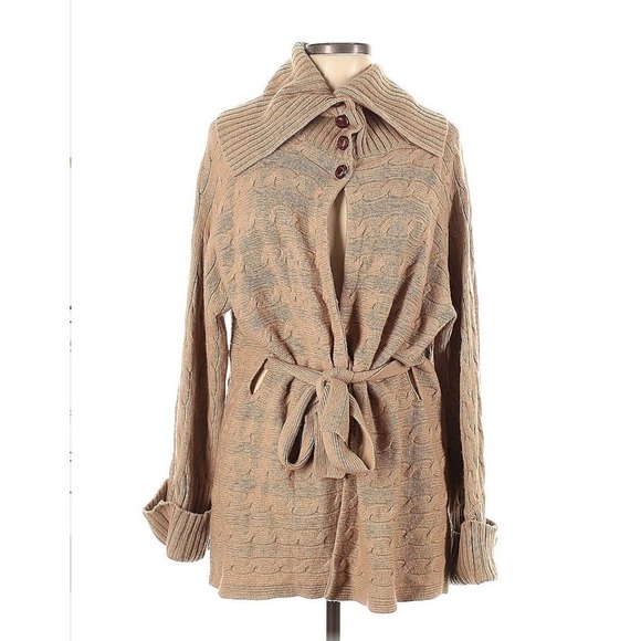 Ralph Lauren Wool Cashmere Cable Knit Belted Cardigan Tan Brown Large Buttons - Picture 1 of 3